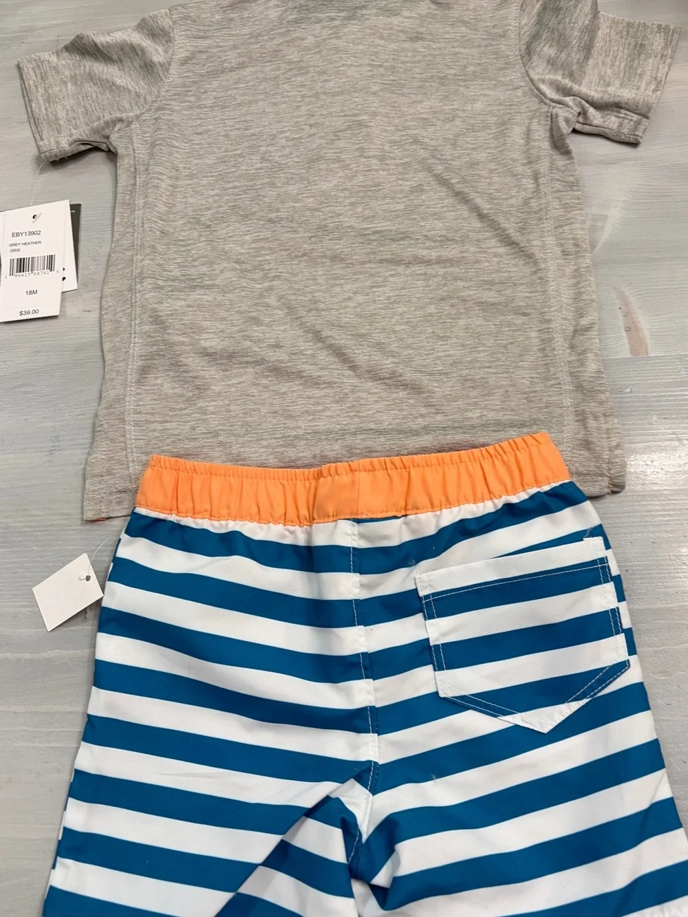 Eddie Bauer Grey Heather Polo and Orange-Trim Swim Trunks Set, 18. Mo.